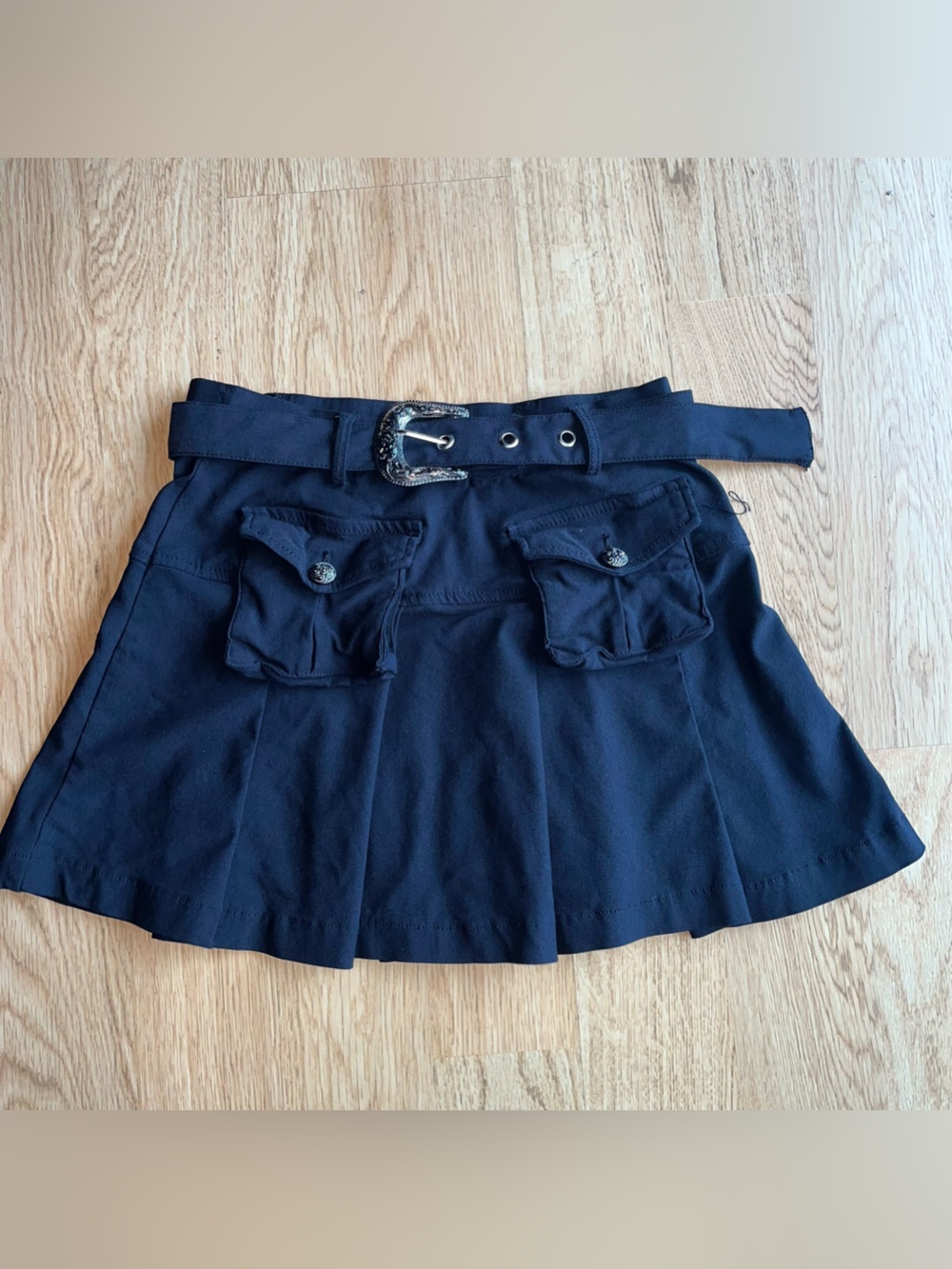 Like an Angel Women's Black Solid Twill A-Line Mini Skirt Pockets Belt M